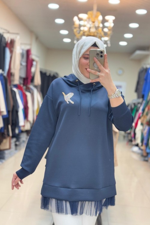 2049 UCU TÜLLÜ BEYMEN TUNİK  Lacivert