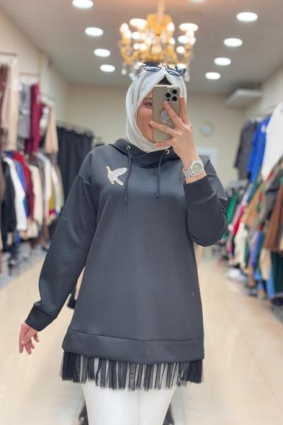 2049 UCU TÜLLÜ BEYMEN TUNİK  Siyah