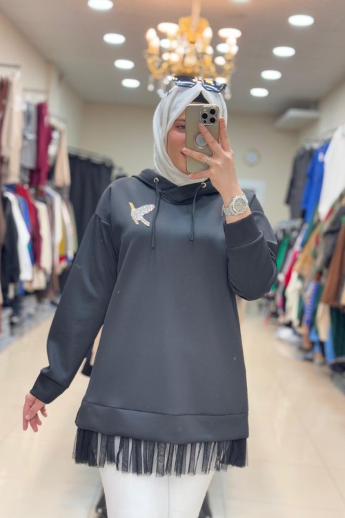 2049 UCU TÜLLÜ BEYMEN TUNİK  Siyah