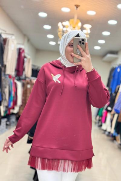 2049 UCU TÜLLÜ BEYMEN TUNİK  Bordo