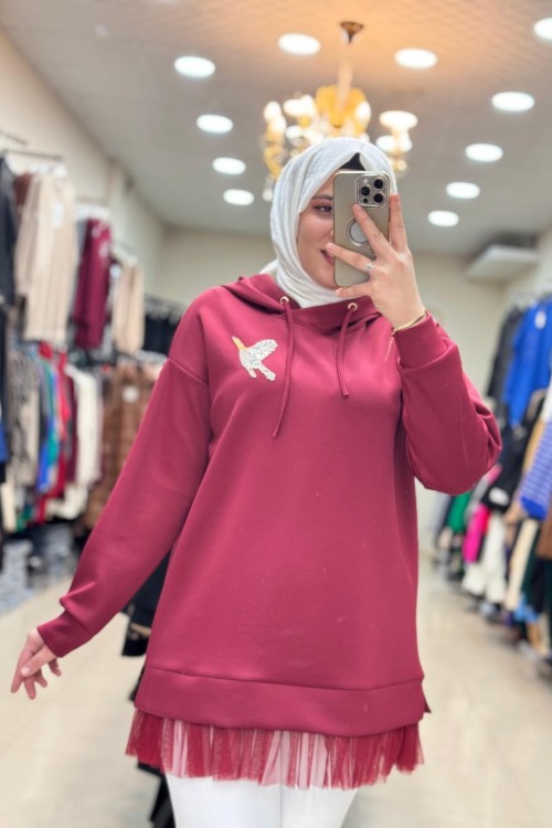 2049 UCU TÜLLÜ BEYMEN TUNİK  Bordo