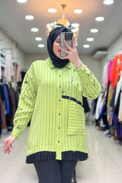 2051 UCU TÜLLÜ BATIK  GÖMLEK  Yeşil