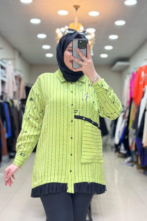 2051 UCU TÜLLÜ BATIK  GÖMLEK  Yeşil