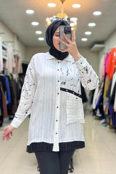 2051 UCU TÜLLÜ BATIK  GÖMLEK  Beyaz