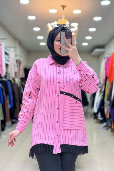 2051 UCU TÜLLÜ BATIK  GÖMLEK  Pembe