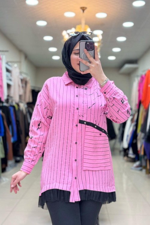 2051 UCU TÜLLÜ BATIK  GÖMLEK  Pembe