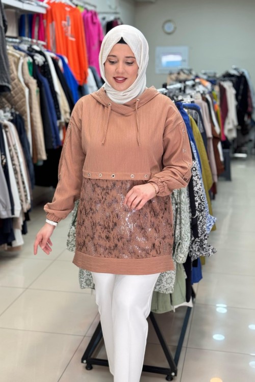 2066 YALDIZ VE HALKALI SWEAT Kahverengi