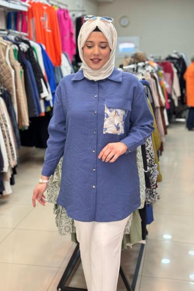 2069 ARKASI ÇİÇEKDESENLİ GÖMLEK  Mavi