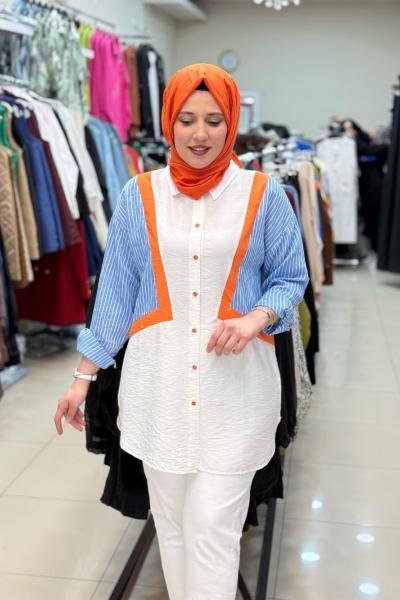 2073 ÇİZGİLİ GARNİ GÖMLEK  Mavi