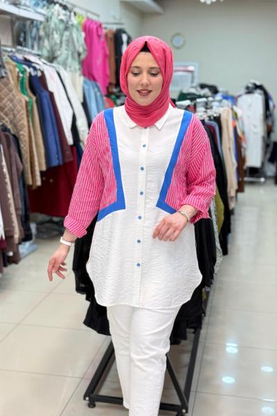 2073 ÇİZGİLİ GARNİ GÖMLEK  Pembe