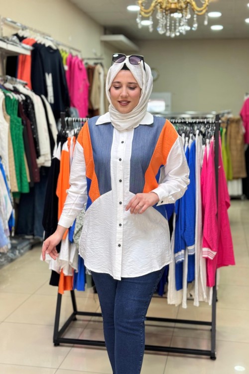 2078 ŞERİT RENKLİ GÖMLEK  Turuncu