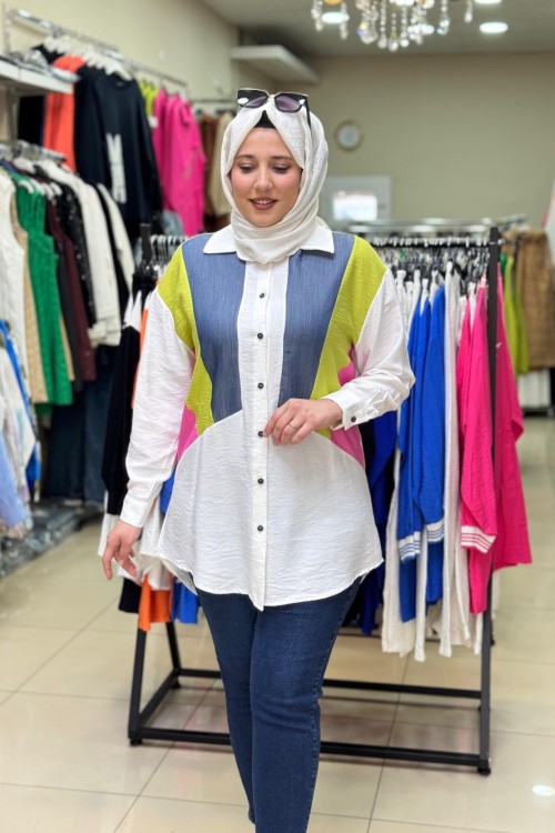 2078 ŞERİT RENKLİ GÖMLEK  Pembe