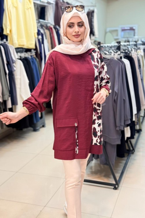 2101 Kapşonlu Desenli Tunik Bordo