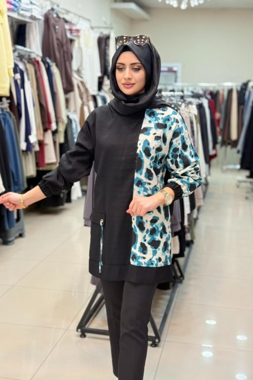 2101 Kapşonlu Desenli Tunik Mavi