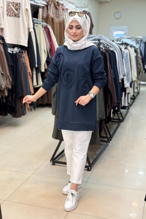 2123 Önü Desenli Sweatshirt Lacivert