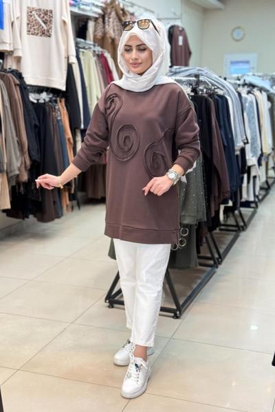 2123 Önü Desenli Sweatshirt Kahverengi