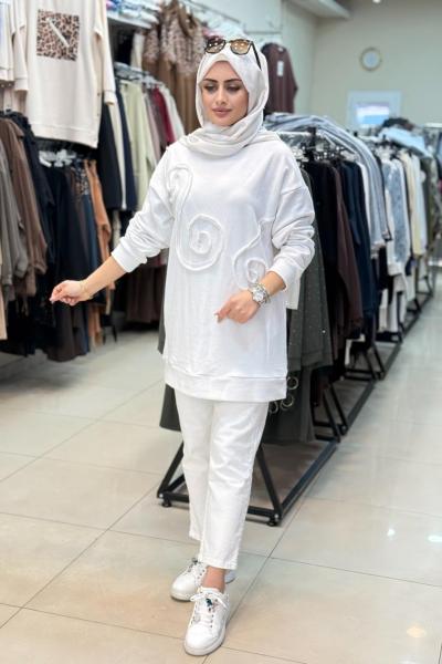 2123 Önü Desenli Sweatshirt Beyaz