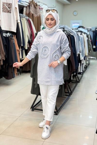 2123 Önü Desenli Sweatshirt Açık Gri