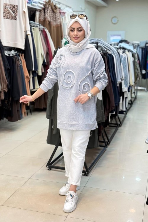2123 Önü Desenli Sweatshirt Açık Gri