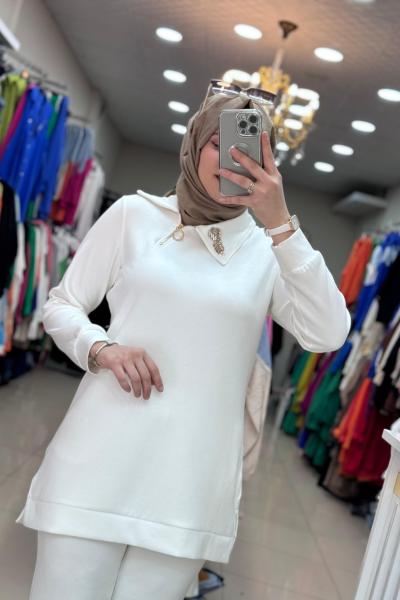 2178 PUREVA YAKA TAŞLI TAKIM Beyaz