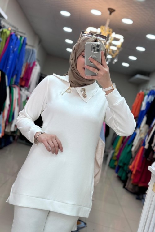 2178 PUREVA YAKA TAŞLI TAKIM Beyaz