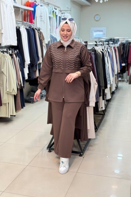 2196 PUL NAKIŞ İŞLEMELİ TAKIM Kahverengi