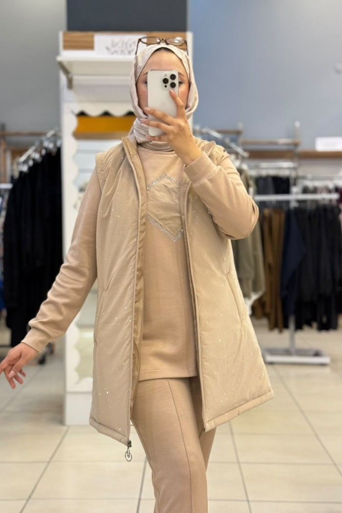 25143 Taşlı Kapitone 3lü Takım Taba