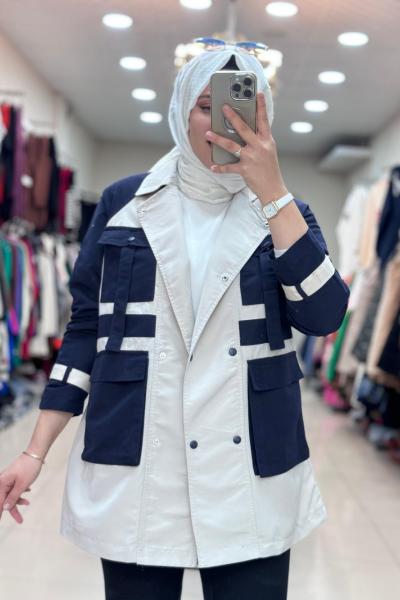 2550 GARNİ DETAYLI TRENÇKOT BEJ-LACİVERT