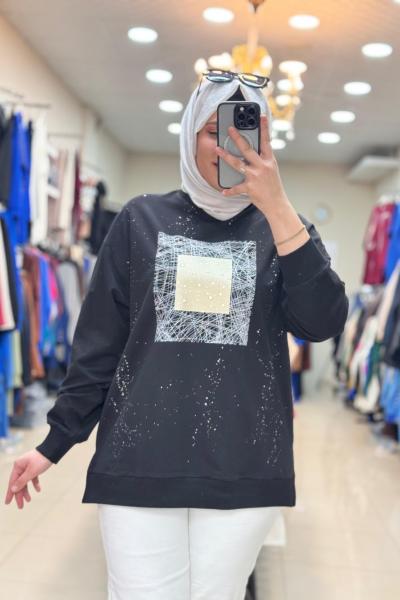 270106 DAMLA DESENLİ SWEAT Siyah