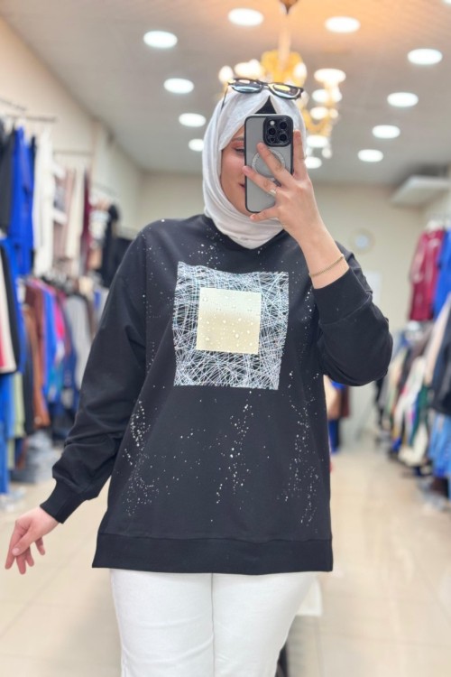 270106 DAMLA DESENLİ SWEAT Siyah