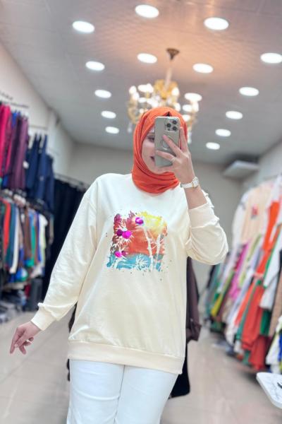 270107 LEVİDOR RENKLİ BASKILI SWEAT Bej