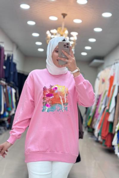 270107 LEVİDOR RENKLİ BASKILI SWEAT Pembe