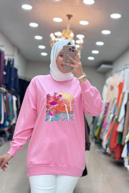 270107 LEVİDOR RENKLİ BASKILI SWEAT Pembe