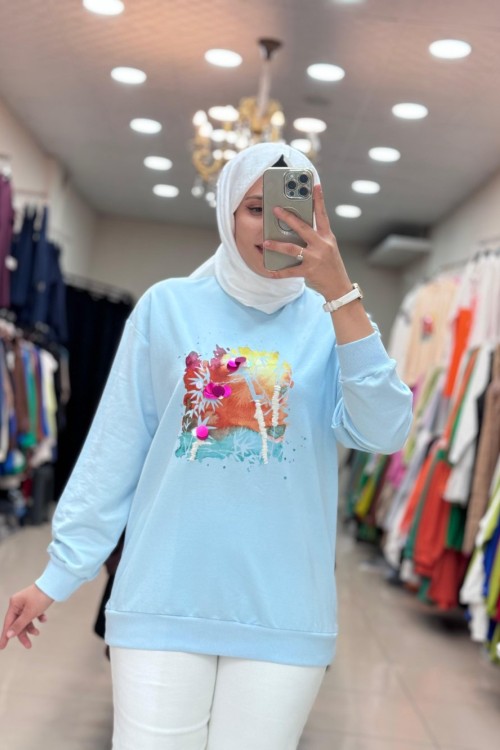 270107 LEVİDOR RENKLİ BASKILI SWEAT Bebe Mavisi