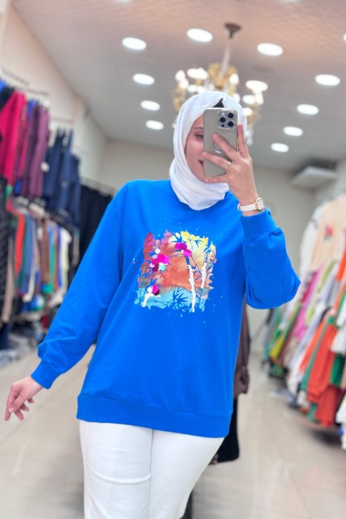 270107 LEVİDOR RENKLİ BASKILI SWEAT Saks Mavisi