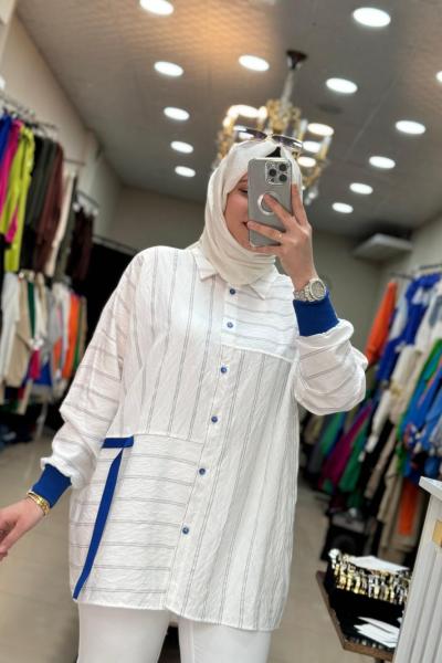 2733 Çizgili Gömlek Saks-Beyaz  Saks Mavisi