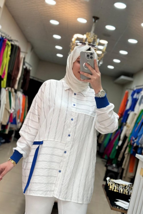 2733 Çizgili Gömlek Saks-Beyaz  Saks Mavisi