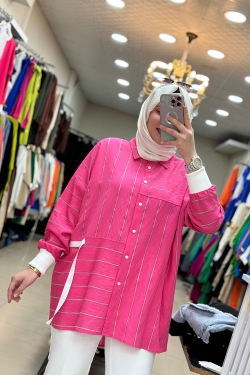 2733 Çizgili Gömlek Fuşya-Beyaz Fuşya