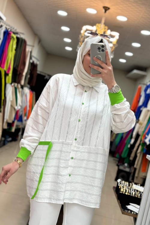 2733 Çizgili Gömlek Beyaz-Yeşil Yeşil