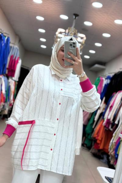 2733 Çizgili Gömlek Pembe-Beyaz (Manşeti Pembe) Beyaz
