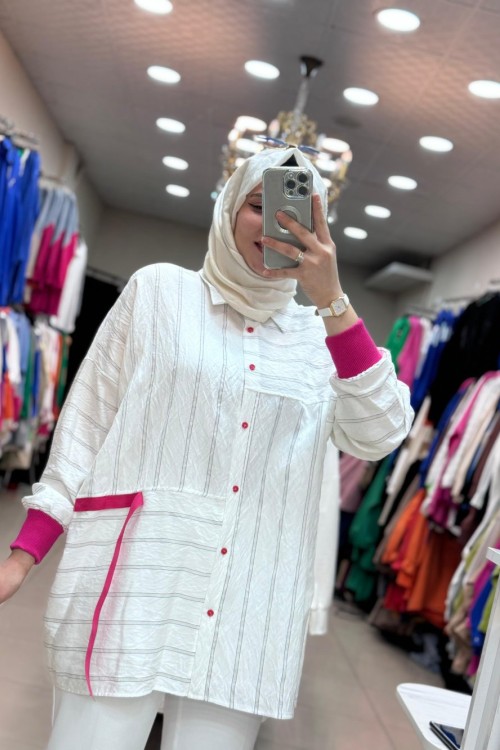 2733 Çizgili Gömlek Pembe-Beyaz (Manşeti Pembe) Beyaz