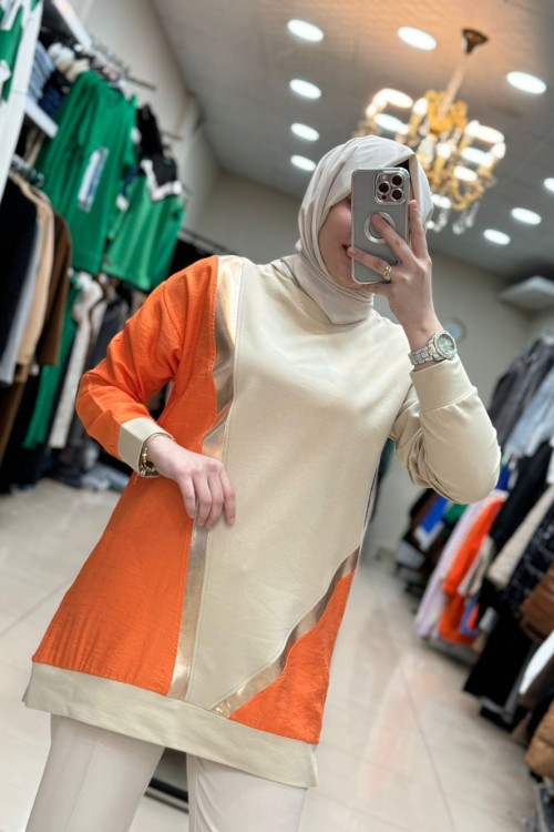 2901 Keten Detaylı Tunik Bej Bej