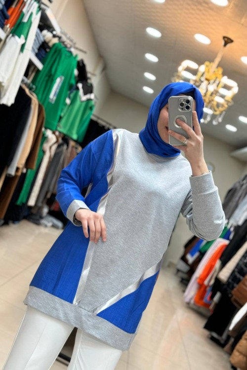 2901 Keten Detaylı Tunik Gri Gri