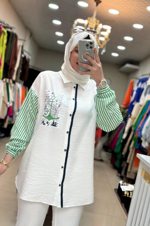 2926 Arkasi Çizgili  Fenerli Tunik Yeşil Yeşil