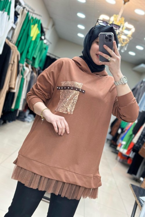 2926 Ucu Tüllü Tunik Kahve Penye  Acı Kahve