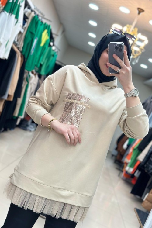2926 Ucu Tüllü Tunik Taş Penye  Taş Rengi