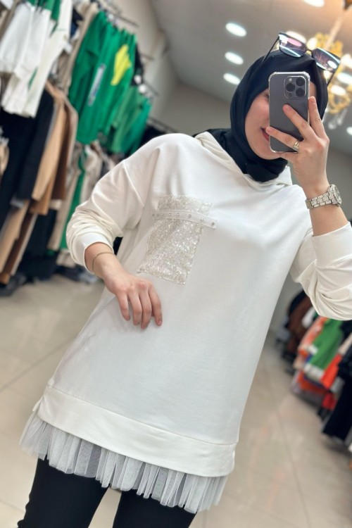 2926 Ucu Tüllü Tunik Beyaz Penye  Beyaz