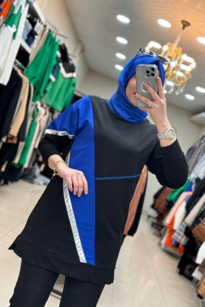 2934 Mavi Üçgen Çizgili Tunik  Siyah
