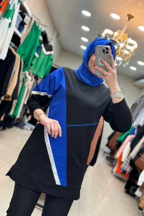 2934 Mavi Üçgen Çizgili Tunik  Siyah