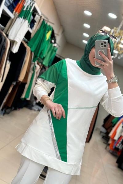 2934 Yeşil Üçgen Çizgili Tunik  Ekru